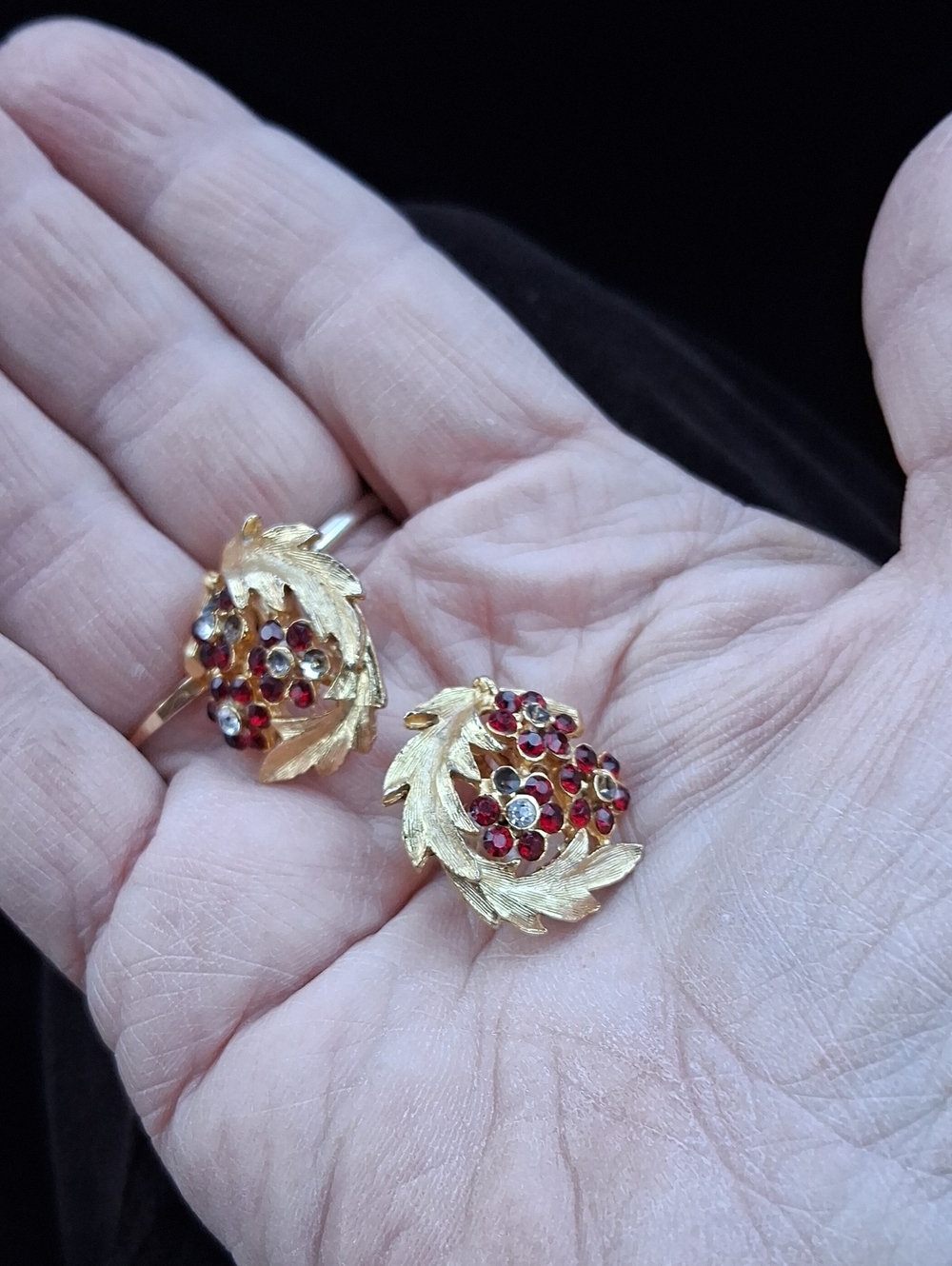 Gold-Tone Red Crystal Leaf Cluster Earrings